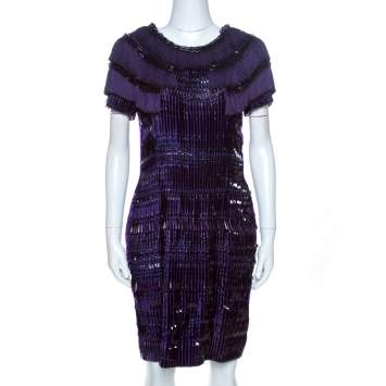 Pre Owned Gucci Purple Silk Embellished Fringe Detail Dress M
