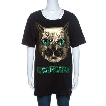 Pre Owned Gucci Black Mystic Cat Guccification Embellished T-Shirt M