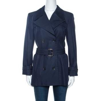Pre Owned Gucci Navy Blue Cotton Belted Double Breasted Coat M