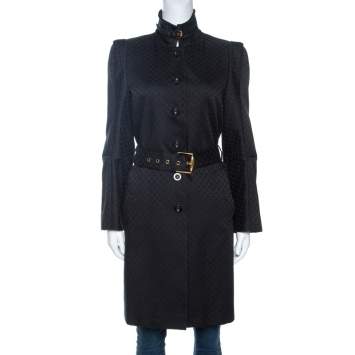 Pre Owned Gucci Black Jacquard Cotton Blend Belted Trench Coat M