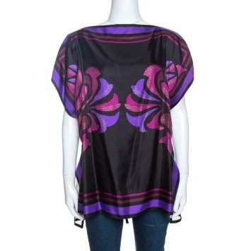 Pre Owned Gucci Purple Floral Printed Silk and Mesh Kaftan Top (One Size) 