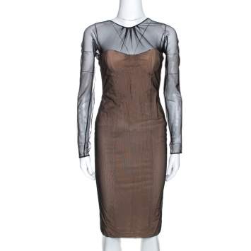 Pre Owned Gucci Black & Beige Tulle Long Sleeve Bustier Dress S