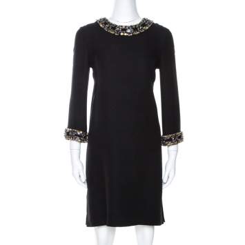 Pre Owned Gucci Black Fluid Silk Crystal Embellished Shift Dress S