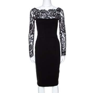 Pre Owned Gucci Black Knit Lace Trim Long Sleeve Sheath Dress XS