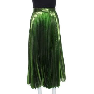 Pre Owned Gucci Green Metallic Plisse Silk Pleated Midi Skirt M