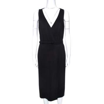 Pre Owned Gucci Black Jersey Belted Faux Wrap Dress XL