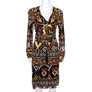 Pre Owned Gucci Multicolor Geometric Print Jersey Front Tie Detail Dress L