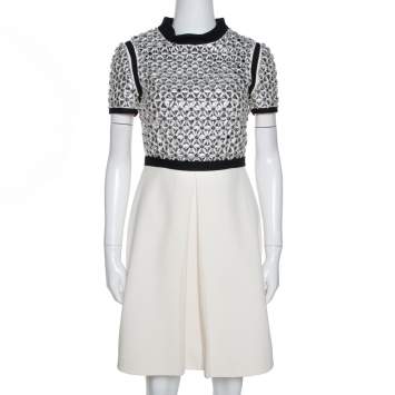 Pre Owned Gucci Cream Silk Crystal Embellished Flared Dress S
