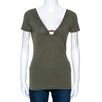 Pre Owned Gucci Olive Green Wool Knit Bamboo Horsebit Detail Top M