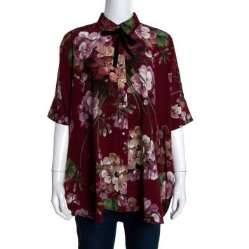 Pre Owned Gucci Maroon Silk Floral Printed Cape Shirt M 
