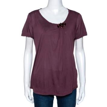 Pre Owned Gucci Burgundy Knit Embellished Brooch Detail Top M