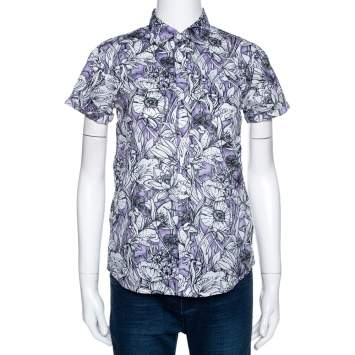 Pre Owned Gucci Purple Floral Print Cotton Short Sleeve Shirt S