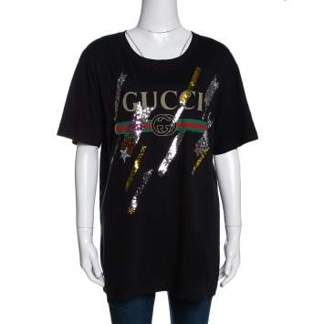 Pre Owned Gucci Black Sequin Embellished Cotton Shooting Stars T Shirt M