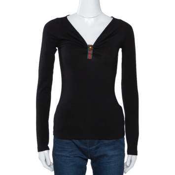 Pre Owned Gucci Black Stretch Cotton Gathered Long Sleeve Top XS