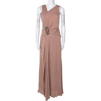 Pre Owned Gucci Pale Pink Silk Crepe Brooch Detail Draped Gown M