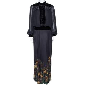 Pre Owned Gucci Black Iris Print Silk Velvet Trim Maxi Dress M