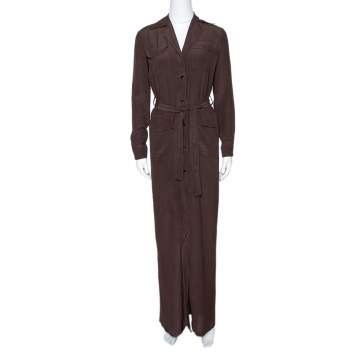 Pre Owned Gucci Brown Silk Crepe Button Down Belted Dress S
