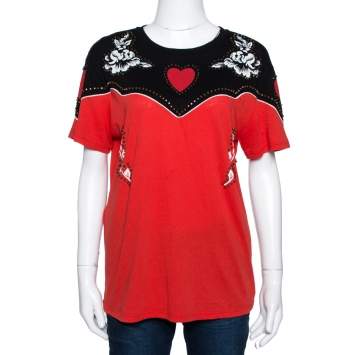 Pre Owned Gucci Red Studded Rose Print Cotton T-Shirt M