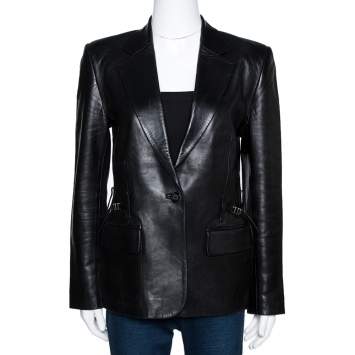 Pre Owned Gucci Black Leather One Buttoned Blazer S