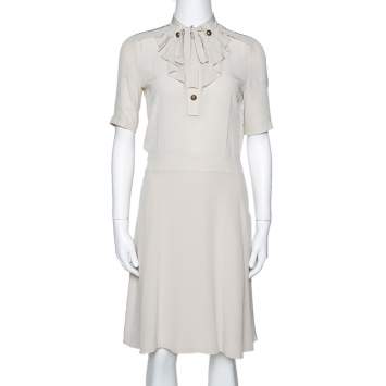Pre Owned Gucci Light Beige Silk Ruffled Tie Neck Dress S