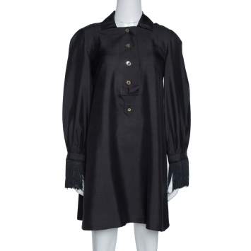 Pre Owned Gucci Black Raw Silk Fringe Detail Long Sleeve Tunic Dress M