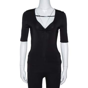 Pre Owned Gucci Black Jersey Leather Strap Detail V-Neck Top L