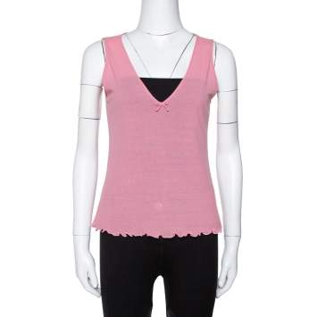 Pre Owned Gucci Pink Cotton Knit Bow Detail Sleeveless Top M