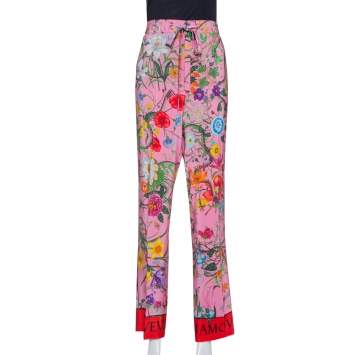 Pre Owned Gucci Pink Snake Flora Print Silk Straight Leg Trousers L