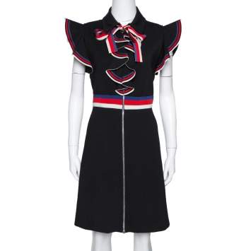 Pre Owned Gucci Black Stretch Jersey Sylvie Web Trim Ruffled Dress XL