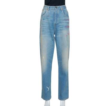 Pre Owned Gucci Blue Heavy Washed Denim Embroidered Tapered Jeans L