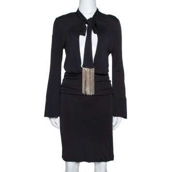 Pre Owned Gucci Black Jersey Chain Tie Detail Knee Length Dress L