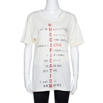 Pre Owned Gucci Cream Cotton Guccification Print Oversized T Shirt XS