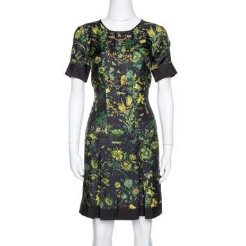 Pre Owned Gucci Black Floral Print Silk Bamboo Chain Detail Mini Dress M