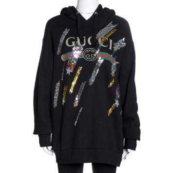 Pre Owned Gucci Black Logo Print Cotton Star Sequin Embellished Sweatshirt M