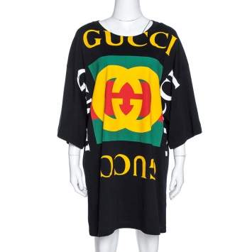 Pre Owned Gucci Black Cotton Logo Print Oversized T Shirt Dress S