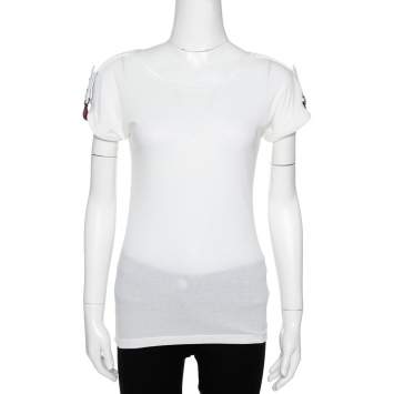 Pre Owned Gucci Off White Knit Webstripe Shoulder Buckle Detail Top S 