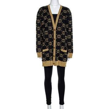 Pre Owned Gucci Black & Gold Lamé GG Supreme Cardigan M