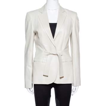 Pre Owned Gucci Pale Beige Leather Tie Front Blazer M