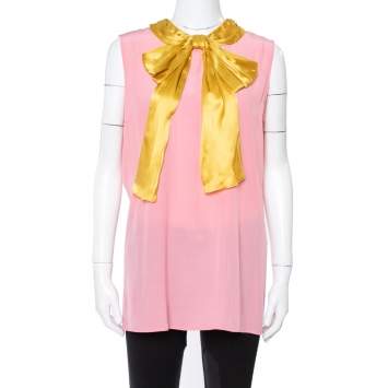 Pre Owned Gucci Pink Silk Contrast Pussy Bow Sleeveless Blouse M