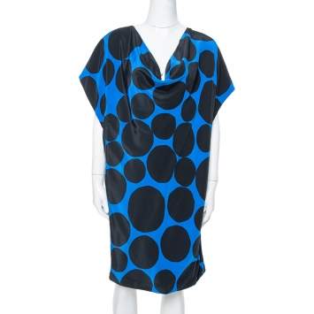 Pre Owned Gucci Black & Blue Dot Print Silk Draped Mini Dress M