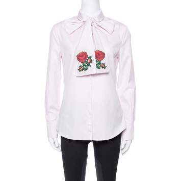 Pre Owned Gucci Pink Cotton Embroidered Oxford Scarf Shirt M