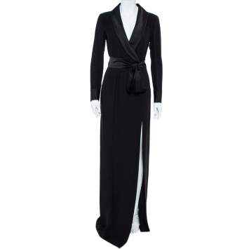 Pre Owned Gucci Black Silk Shawl Lapel Belted Maxi Dress M