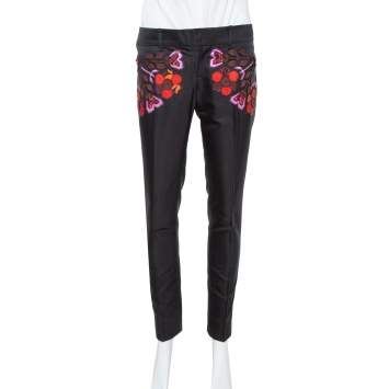Pre Owned Gucci Black Cotton & Silk Floral Appliqued Pants S