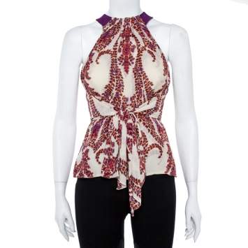 Pre Owned Gucci Cream Floral Print Silk Halter Neck Blouse S