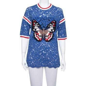 Pre Owned Gucci Blue Floral Lace Butterfly Applique Detail top XL