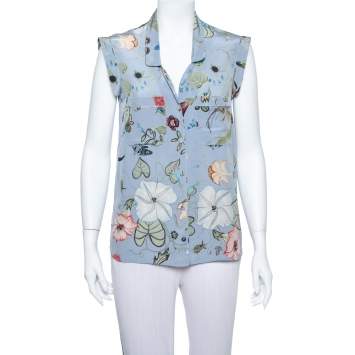 Pre Owned Gucci Blue 'Flora' by Kris Knight Printed Sleeveless Silk Shirt M