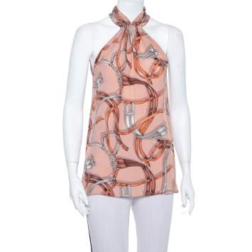 Pre Owned Gucci Equestrian Collection Pink Printed Silk Pleated Halter Neck Detail Top S