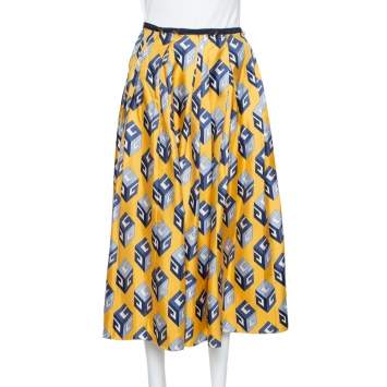 Pre Owned Gucci Yellow Cube Printed Silk Pleated Midi Skirt S