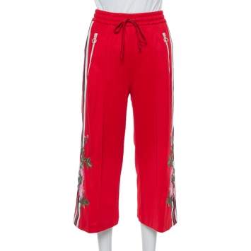 Pre Owned Gucci Red Knit Side Stripe & Floral Applique Detail Culottes XS