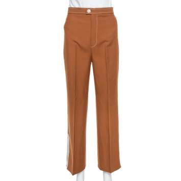 Pre Owned Gucci Brown Wool Contrast Zip Detail Straight Leg Trousers S